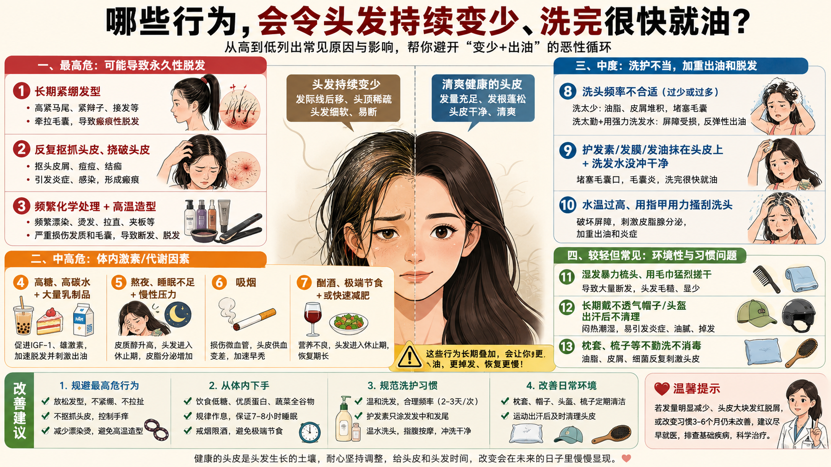 哪些行为，会令头发持续变少、洗完很快就油？